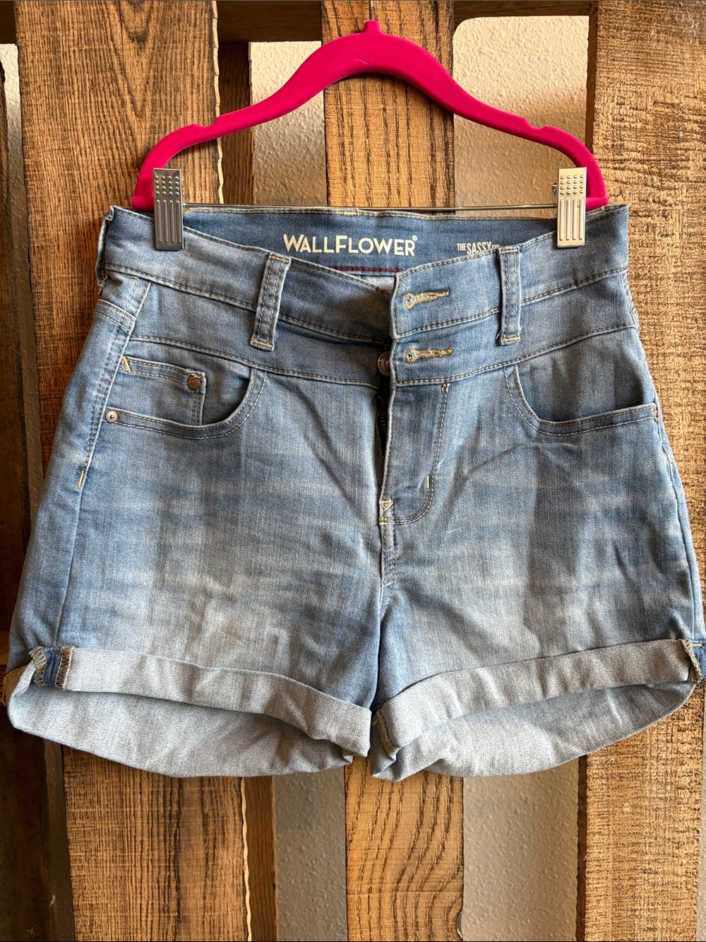 Wallflower Faded Light Blue Denim High-Rise Cuffed Shorts